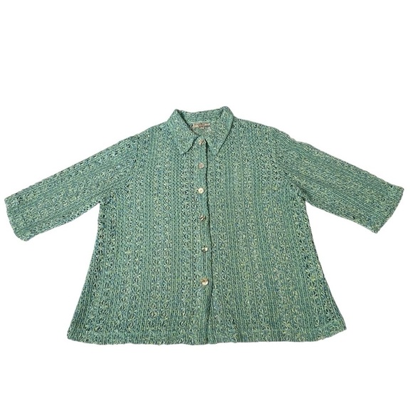 CYNTHIA MAX RELAX 3/4 Sleeve Button Front Blue Yellow Green Knit Cardigan Sz 2X - Picture 9 of 16